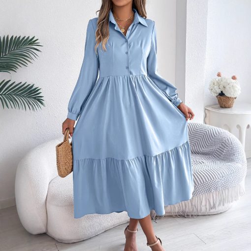 Lapel Casual Loose Long Sleeve Ruffled Shirt Dress - Image 7