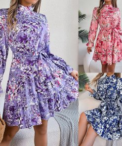 Stand Collar Flower Waist-controlled Long Sleeves Ruffled A-line Dress