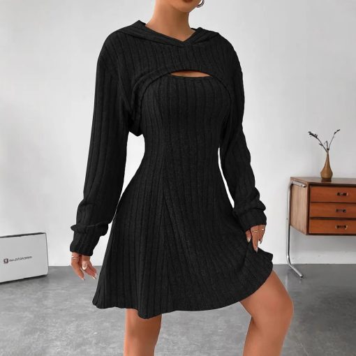 New Fashion Fall Winter Hooded Shawl Long-sleeved Vest Short Skirt Two-piece Set - Image 5