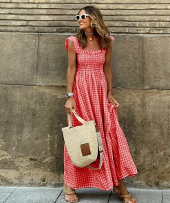 Summer Plaid Print Pleated Ruffle Dress INS Fashion Sleeveless A-line Swing Beach Dress Women's Clothing