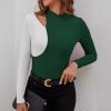 Color Contrast Patchwork Small Stand Collar T-shirt Slim Long Sleeve Top