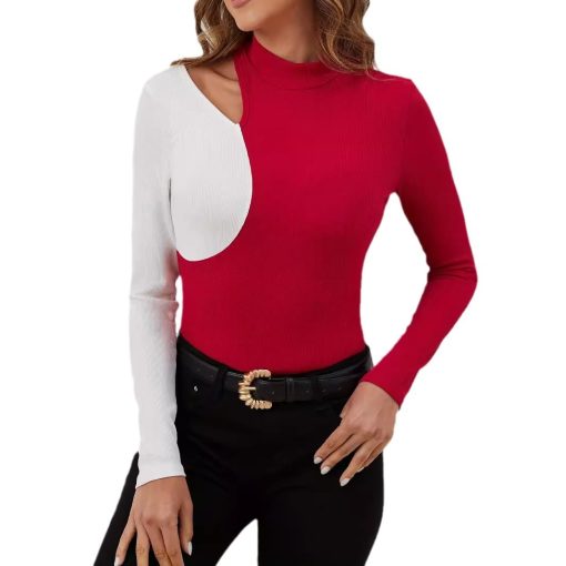 Color Contrast Patchwork Small Stand Collar T-shirt Slim Long Sleeve Top - Image 6
