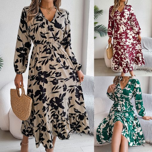 Leisure Flower Waist-controlled Long Sleeves Ruffled Dress - Image 5