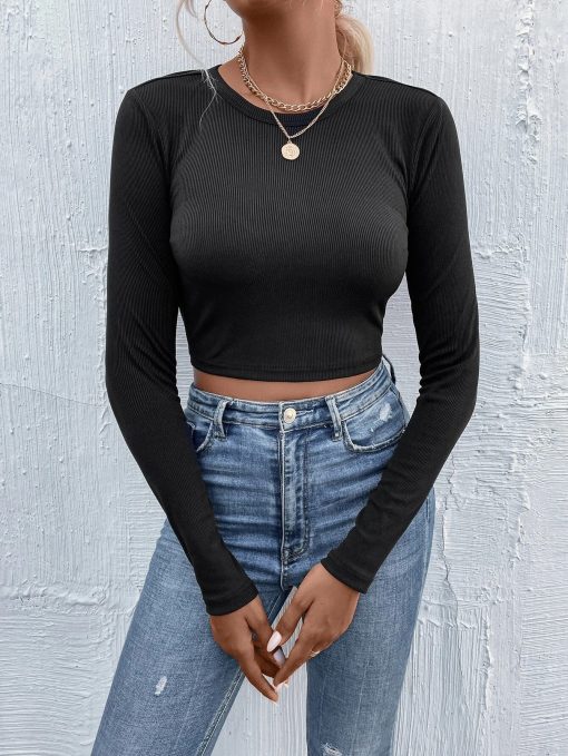 Women's Round Neck Pullover Casual Long Sleeve T-shirt Top - Image 5