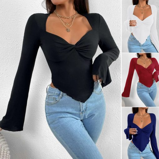 V-neck Flared Sleeves Waist Trimming Knitted Long Sleeve T-shirt - Image 9