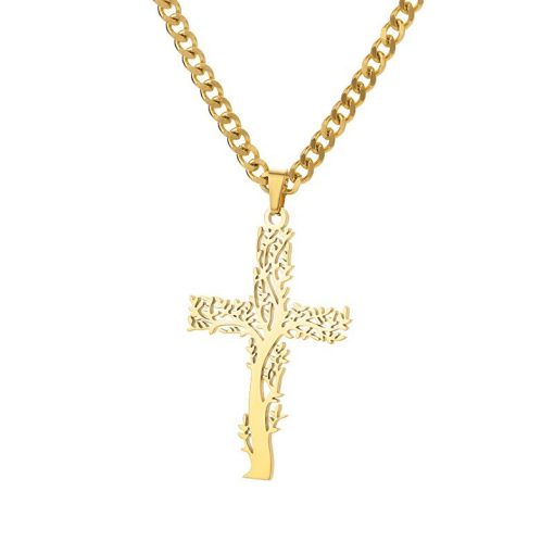 Stainless Steel Lucky Tree Cross Necklace Ornament - Image 2