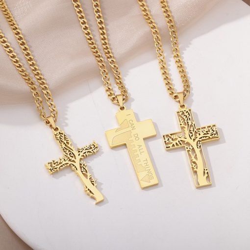 Stainless Steel Lucky Tree Cross Necklace Ornament - Image 9