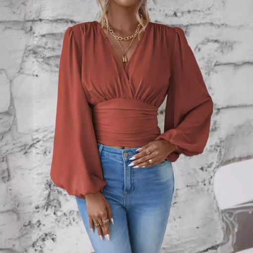 V-neck Sleeve Solid Color Pleated Women's Long-sleeved Top - Image 10