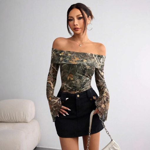 Mesh Printed Off-shoulder Long Sleeved Fitted T-shirt Top - Image 6