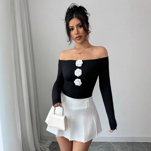 3D Floral Off-the-shoulder Off-neck Slim-fit Long-sleeved T-shirt - Image 4