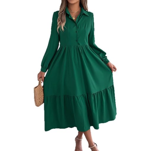 Lapel Casual Loose Long Sleeve Ruffled Shirt Dress - Image 3