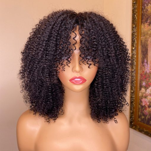 Kinky Curly Human Hair Wigs With Bangs - Image 4