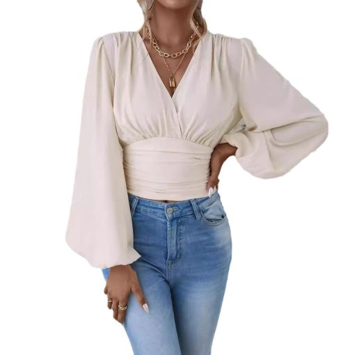 V-neck Sleeve Solid Color Pleated Women's Long-sleeved Top - Image 8