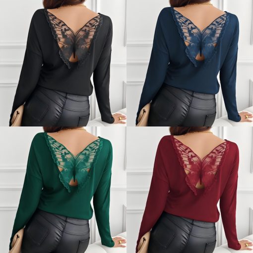 Women's Solid Color Back Stitching Pansy Rib Long-sleeved T-shirt - Image 2