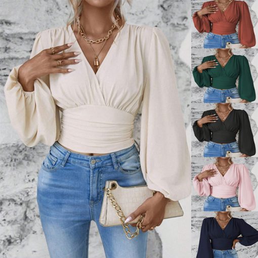 V-neck Sleeve Solid Color Pleated Women's Long-sleeved Top - Image 9