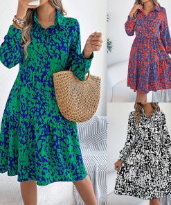 Casual Loose Contrast Color Leopard-print Long-sleeved Shirt Dress