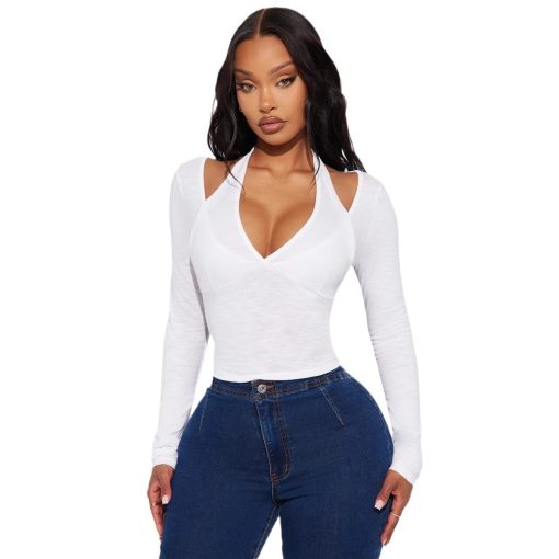 Women's Off-the-shoulder V-neck Fake Two-piece Top Slim Fit - Image 4