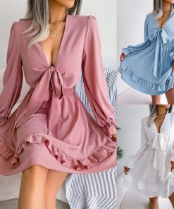 Spring And Summer European And American Leisure Lace-up Waist-tight Wooden Ear Swing Dress