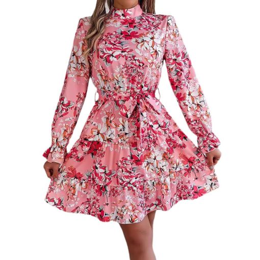 Stand Collar Flower Waist-controlled Long Sleeves Ruffled A-line Dress - Image 3