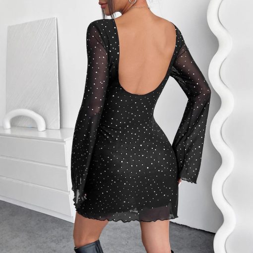 Elegant Black Mesh Sequins Backless Slim Fit Long Sleeve Dress - Image 4