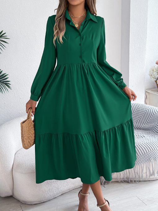 Lapel Casual Loose Long Sleeve Ruffled Shirt Dress - Image 8
