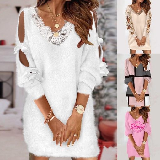 Lace V-neck Corn Velvet Off-the-shoulder Dress - Image 7
