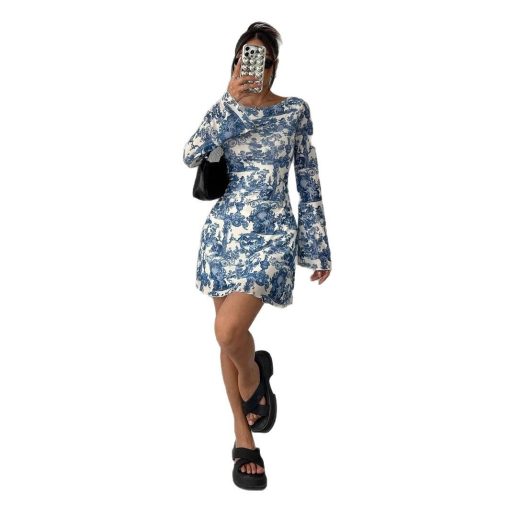 Printed Flare Sleeve Backless Mesh Dress - Image 3