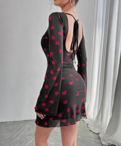 Heart Printing Flare Sleeve Backless Mesh Dress