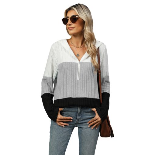 Women's Stitching Zipper Hooded Long Sleeve Top - Image 3