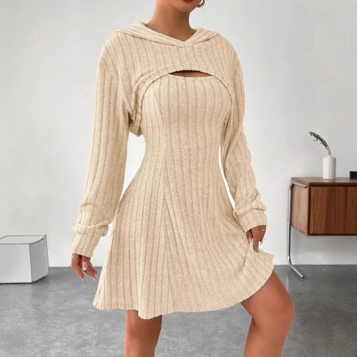 New Fashion Fall Winter Hooded Shawl Long-sleeved Vest Short Skirt Two-piece Set - Image 6