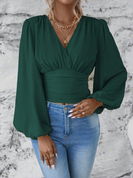 V-neck Sleeve Solid Color Pleated Women's Long-sleeved Top - Image 6
