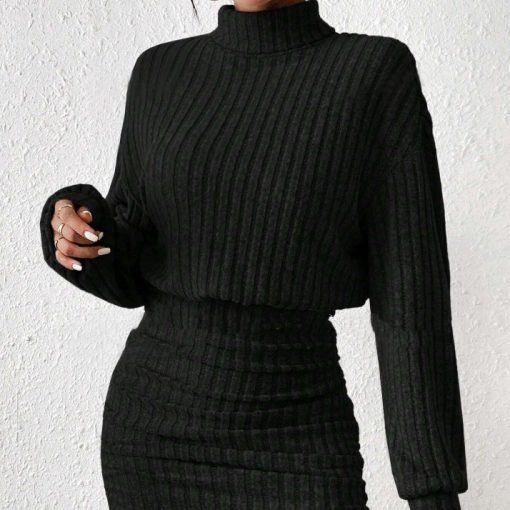 Long Sleeve High Neck Ribbing Woolen Knit Suit - Image 9