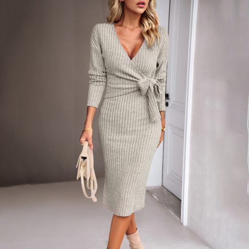 Autumn And Winter V-neck Long Sleeve Knitted Tied Dress - Image 6