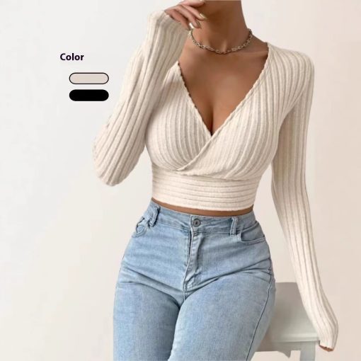 Short Deep V-neck Slim-fit Long Sleeve Knitted Sweater - Image 7