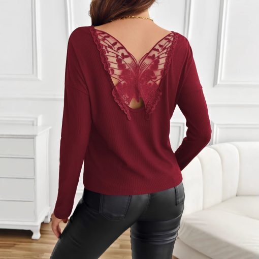 Women's Solid Color Back Stitching Pansy Rib Long-sleeved T-shirt - Image 8