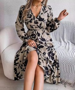 Leisure Flower Waist-controlled Long Sleeves Ruffled Dress