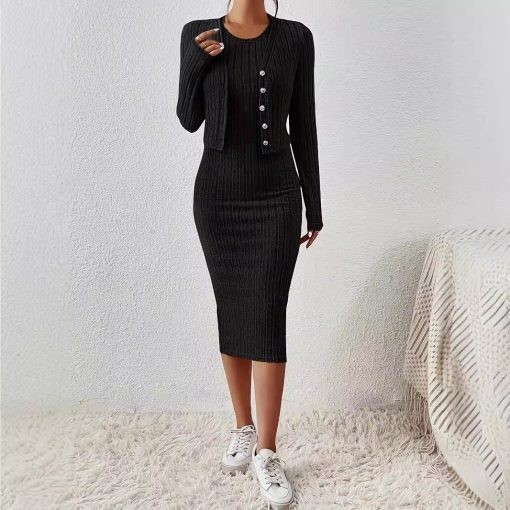 Front Button Cropped Top And Slim Fit Dress - Image 2