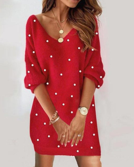 Lace V-neck Corn Velvet Off-the-shoulder Dress - Image 4