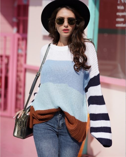 Women's Color Stitching Knit Pullover Loose Sweater - Image 2