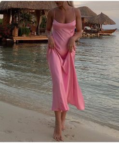 Women Camis Satin Long Dresses Elegant Sleeveless Slip Holiday Party Dresses Sexy Casual Backless Summer Dresses