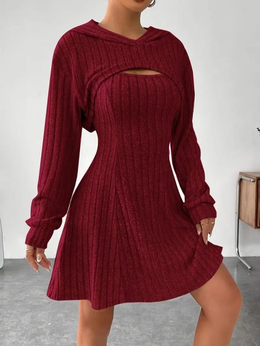 New Fashion Fall Winter Hooded Shawl Long-sleeved Vest Short Skirt Two-piece Set - Image 2