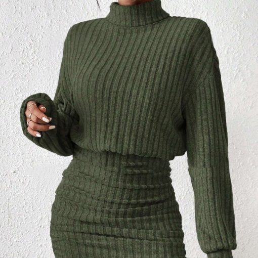Long Sleeve High Neck Ribbing Woolen Knit Suit - Image 2