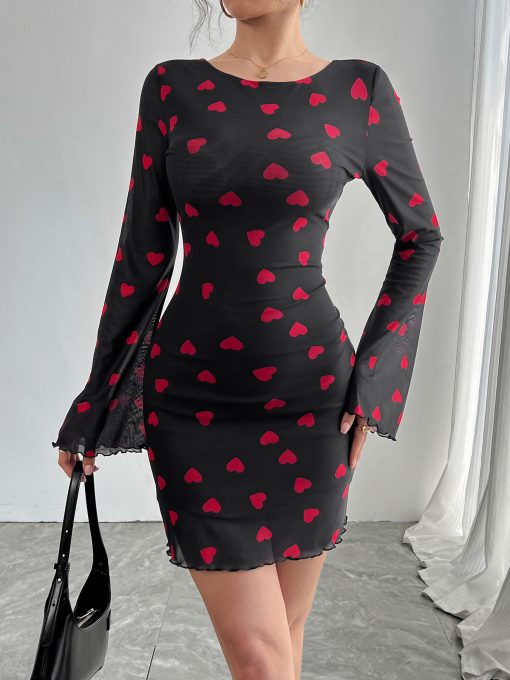 Heart Printing Flare Sleeve Backless Mesh Dress - Image 5