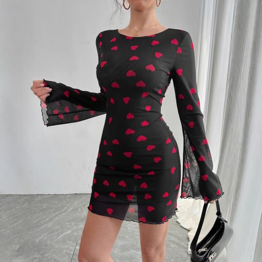 Heart Printing Flare Sleeve Backless Mesh Dress - Image 2