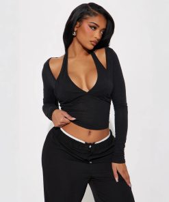 Women's Off-the-shoulder V-neck Fake Two-piece Top Slim Fit