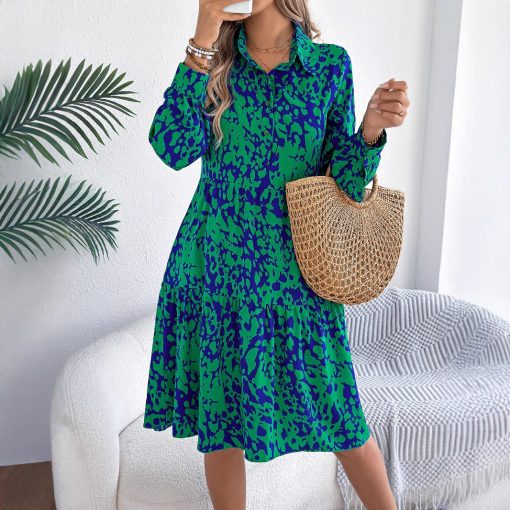 Casual Loose Contrast Color Leopard-print Long-sleeved Shirt Dress - Image 3