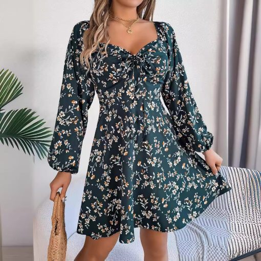 Casual Lace Up Square Collar Floral Print Long Sleeve A- Line Dress - Image 8