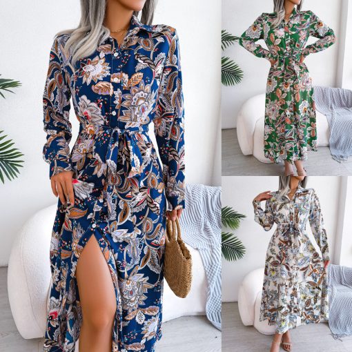 European And American Retro Flower Lapel Tied Shirt Dress - Image 3