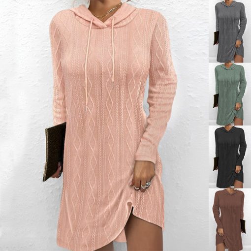 Long Sleeve Hooded Pullover Knitted Dress For Women - Image 5
