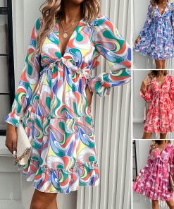 Spring And Summer Vacation Style Printed V-neck Long-sleeve Dress